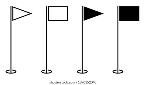 set of icons, triangular and finishing golf flag on pole. Golf hole on course marked with flag. Active lifestyle. Vector isolated on white background