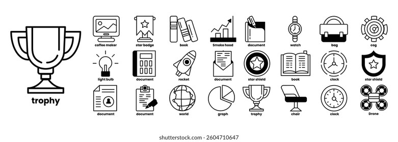 A set of icons for a trophy, including a book, a watch, a laptop, a calculator, and a chair