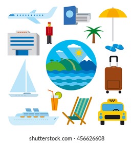 set of icons of tropical travel concept, sea and ocean resort, cruise and journey