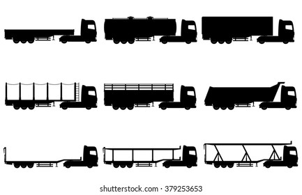 set icons trucks semi trailer black silhouette vector illustration isolated on white background