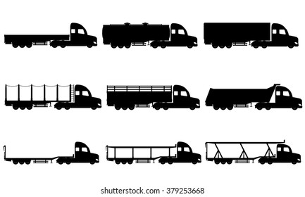 set icons trucks semi trailer black silhouette vector illustration isolated on white background
