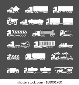 Set icons of trucks, trailers and vehicles isolated on grey. Vector illustration