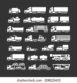Set icons of trucks, trailers and vehicles isolated on black. Vector illustration