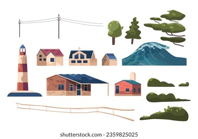 Set Of Icons Tsunami, Natural Disaster Isolated Graphic Element. Sea Wave, Beacon, High Voltage Wires, Trees, Bushes