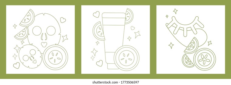 set of icons with tube of cream for skin, cosmetic masks and patches for eyes in linear style. natural skin care based on cucumber. vegetable scrub and mask.