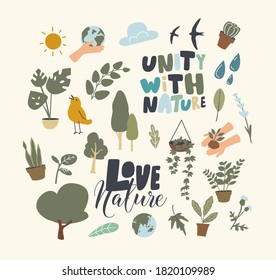 Set of Icons Unity with Nature Theme. Green Plants, Potted and Wild Flowers, Cactus in Pot, Earth Globe, Water Drop, Sprout in Human Hands, Birds Flying and Sun Shining. Linear Vector Illustration