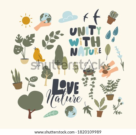 Set of Icons Unity with Nature Theme. Green Plants, Potted and Wild Flowers, Cactus in Pot, Earth Globe, Water Drop, Sprout in Human Hands, Birds Flying and Sun Shining. Linear Vector Illustration