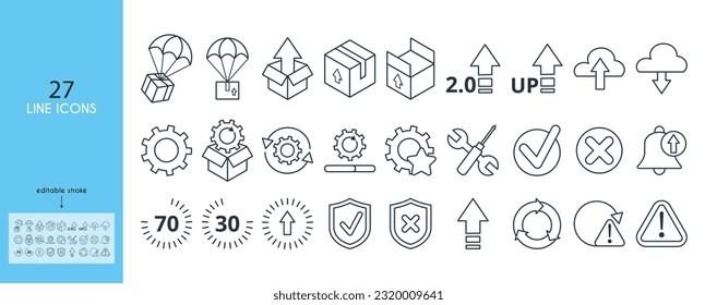 A set of icons for updating application software. Get and unpack updates, parachute icon, danger icon, settings, installation, maintenance, upgrade, download, configuration, options, restore settings.