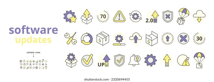 A set of icons for updating application softwarein yellow and purple. Get and unpack updates,  settings, installation, maintenance, danger icon, upgrade, download, configuration, parachute icon.