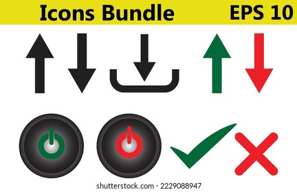 Conjunto de iconos. Cargar, descargar y encender iconos de botón. Iconos correctos e incorrectos. Conjunto vector editable.
