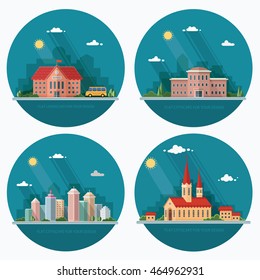 Set of icons of urban life. School, church, university, city. Flat style vector illustration.