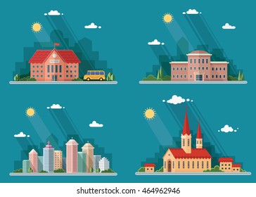 Set of icons of urban life. School, church, university, city. Flat style vector illustration.