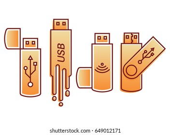 Set of icons USB.Flesh store. A vector illustration in flat linear style. Modern computer technologies.