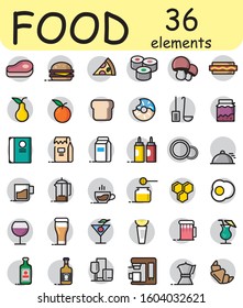 Set of icons to use them in restaurant or cafe. Contains 36 different icons. Icons that in file: meat, bread, coffee, coffee machine, honey, honeycomb, beer, menu, service and lot of others