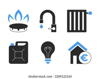A set of icons of utility payments and basic energy resources. Gas, water, heating, electricity, rent and petrol.