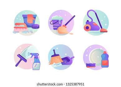 Set icons with vacuum cleaner, scoop and broom, detergent, cleaning. Concept collection modern symbols for domestic affairs, internet, ad, web. Pixel perfect. Vector illustration.