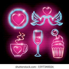 set icons of valentine day of neon light vector illustration design