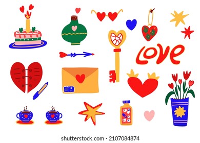 A set of icons for Valentine's day, hearts, flowers, a key, an arrow, a cake in bright colors in the style of the 60s- 70s. Vector illustration