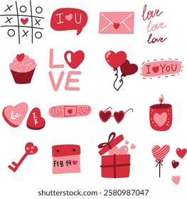 A set of icons for Valentine's day, objects-symbols of love and cute inscriptions. Colorful stickers for lovers with hearts, letters. Romance, postcard, wallpaper