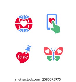 Set icons or Valentines day symbols, holiday signs designed for celebration, vector trendy modern style.