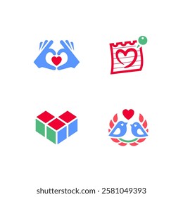 Set icons or Valentines day symbols, holiday signs designed for celebration, vector trendy modern style.