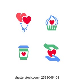 Set icons or Valentines day symbols, holiday signs designed for celebration, vector trendy modern style.