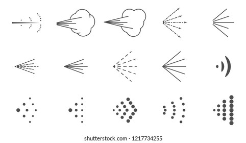 set of icons with variants of the image of a fluid spray, aerosol spray in various ways