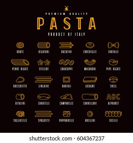 Set of icons varieties of pasta. Design elements in thin line style. Isolated on black background