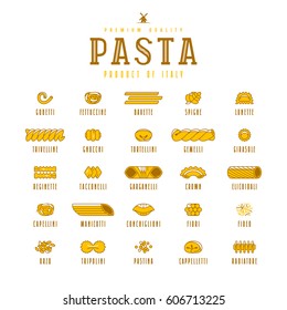 Set of icons varieties of pasta. Design elements in flat style. Isolated on white background