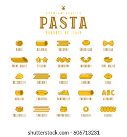 Set of icons varieties of pasta. Design elements in flat style. Isolated on white background