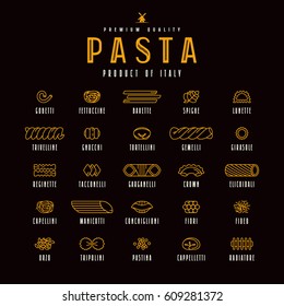 Set of icons varieties of pasta. Design elements in thin line style. Isolated on black background