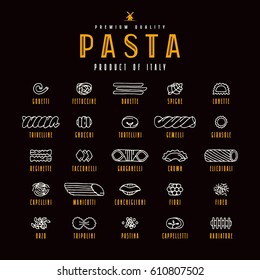 Set of icons varieties of pasta. Design elements in the style of drawn graphics. Isolated on black background