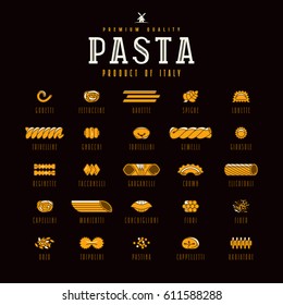 Set of icons varieties of pasta. Design elements in flat style. Isolated on black background