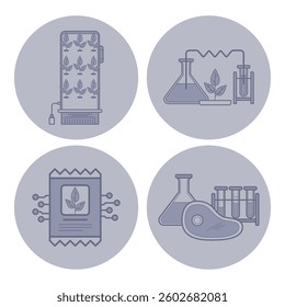 Set of icons with various activities in lab focused on plant-based science. Beakers, samples, and growth chamber. Innovation in food processing concept