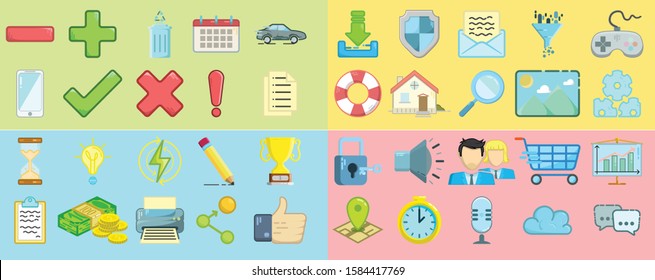 Set of icons. Various, colorful icons of different types. Mostly used signs like filtr icon, home icon, calendar icon, etc.