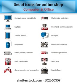 Set of icons of various computer equipment for sections of online stores. Colored symbols. Vector Illustration
