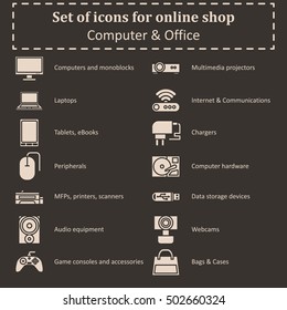 Set of icons of various computer equipment for sections of online stores. Vector Illustration