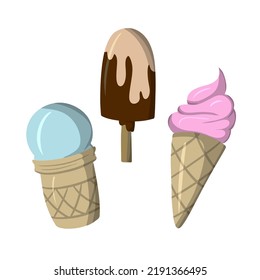 A set of icons, various delicious ice cream, cold dessert, vector illustration in flat style on a white background