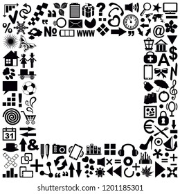 Set of icons, various elements and icons for the design exhibited in the form of a square in black
