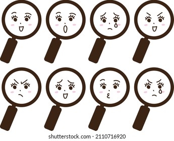 Set icons of various facial expressions of anthropomorphic magnifying glass (emotions and sorrows)
