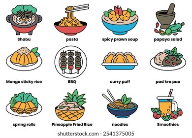 Set of icons in various food concepts in line style