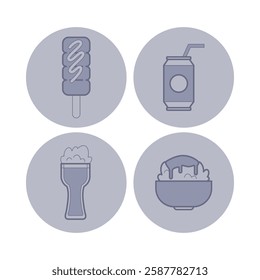 Set of icons with various food items. Popsicle, soda can, glass of beer, and bowl of dessert