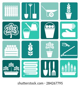 Set icons of various gardening items. Garden tools. Flat design illustration of items for gardening. Template elements for web and mobile applications. Vector illustration