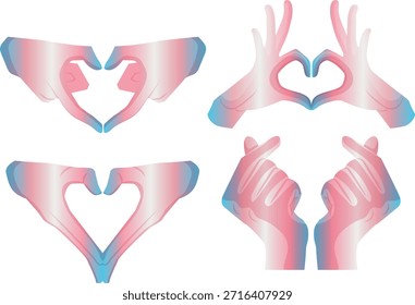 conjunto de ícones de várias mãos onde os dedos são dobrados em uma forma de coração onde as mãos estão nas cores do orgulho transgênero, como um símbolo de amor, igualdade e autoexpressão