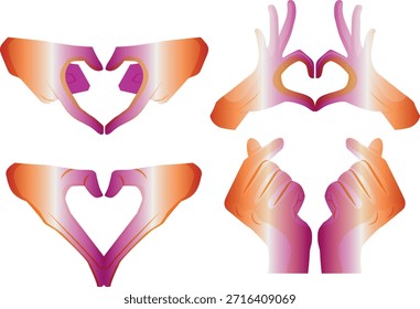 set of icons of various hands where fingers are folded into a heart shape where hands are in the colors of lesbian pride, as a symbol of love, equality and self-expression