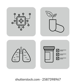 Set of icons with various health care concepts including technology, medicine, botanical remedies, lungs, and medical testing