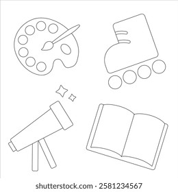 Set of icons with various hobbies. Black and white. Rollers, painting, book, telescope. Cartoon vector illustration for print, coloring book, children's entertainment.