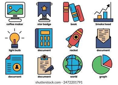 A set of icons for various office supplies and tools. The icons include a book, a calculator, a computer monitor, a keyboard, a mouse, a pen, a ruler, a light bulb, a globe, a star, a rocket