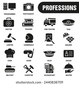 Set of icons of various professions. Professions and career. Set of dark full. EPS 10.