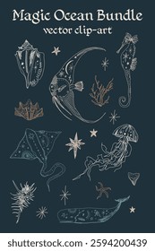 A set of icons of various sea creatures in hand drawn line vintage style on background. Vertical composition marine ocean objects. Vector clip-art bundle. Hand drawn aquatic animals, algae, shells